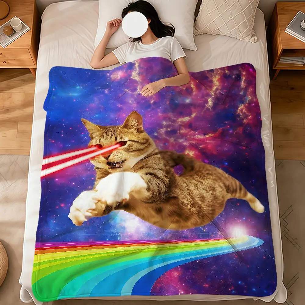 Space Cats Abstract Funny Meme Rainbow Flannel Soft Warm Plush Blanket Sofa Living Room Pet Hogar Bedroom Gift Home Car Portable