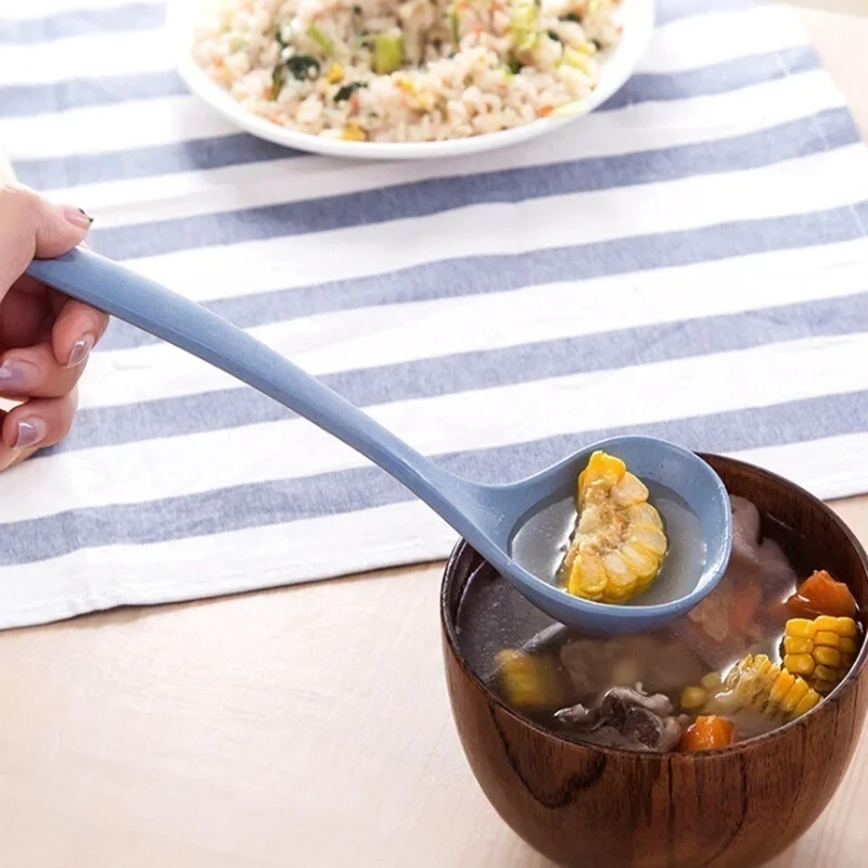 Tableware Wheat Straw Soup Ladle 4 Colors Long Handle Soup Rice Spoon Meal Dinner Scoops Kitchen Supplies Cooking Tool