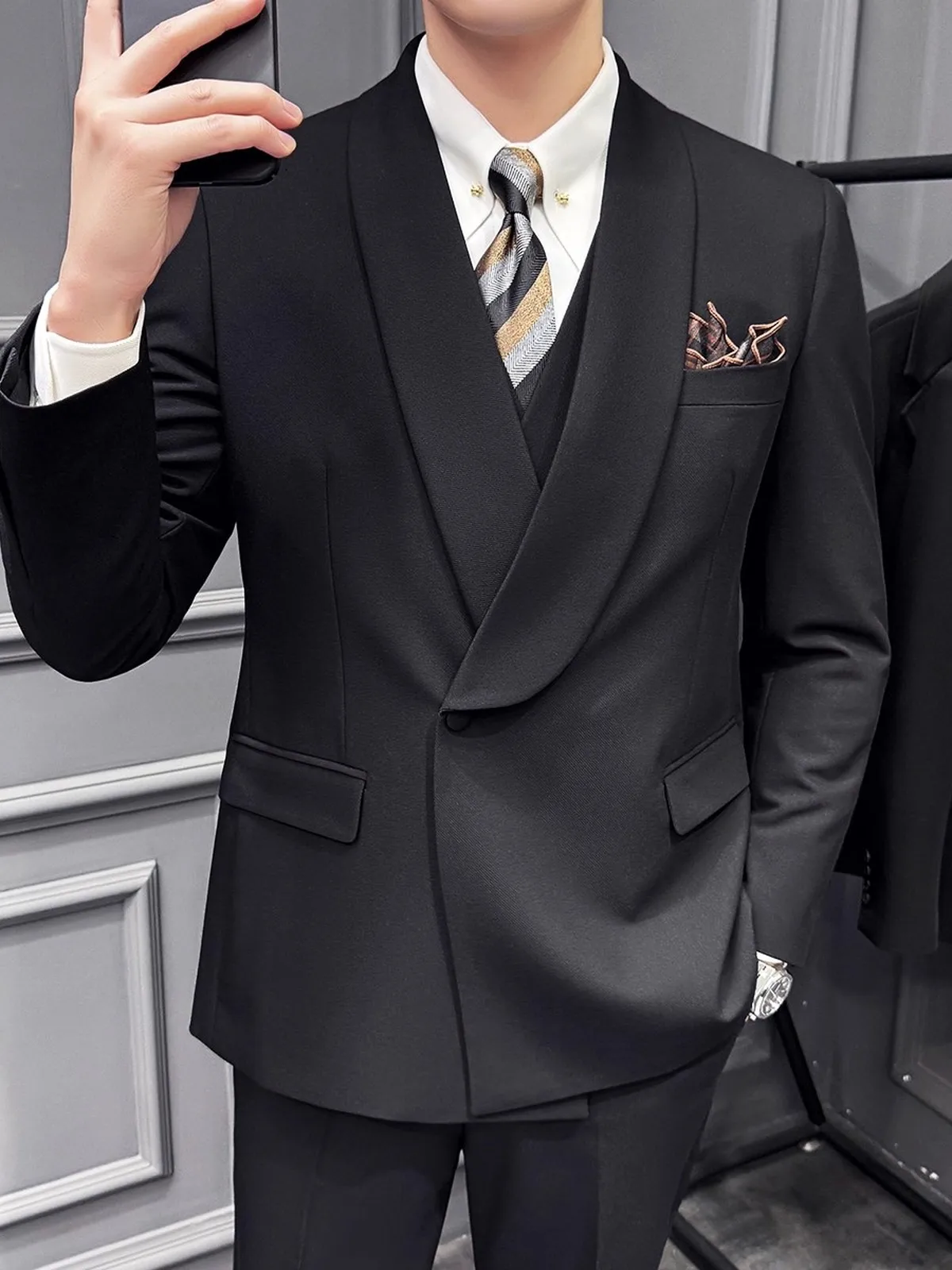 

Men's Slim Fit Two-Button Suit Tee-Piece Set High Quali Busin Formal Wear Polyester Viscose Spandex Blend Youth Faion