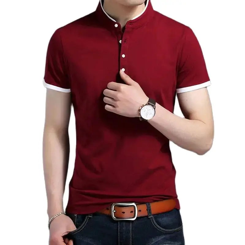 Men\'s Casual Short Sleeve T Shirts Half Buttons Stand Collar Comfy Pullovers Solid Soft Tops Summer Korea Tide Slim Thin Tees