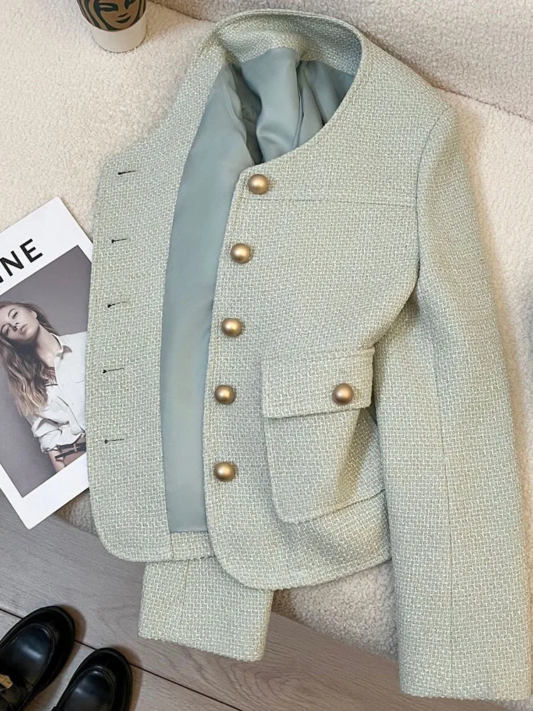 Zoki Korean Sweet Green Jacket Women Casual O Neck Long Sleeve Tweed Coat Fashion Single Breasted Female Chic Blazer Jackets