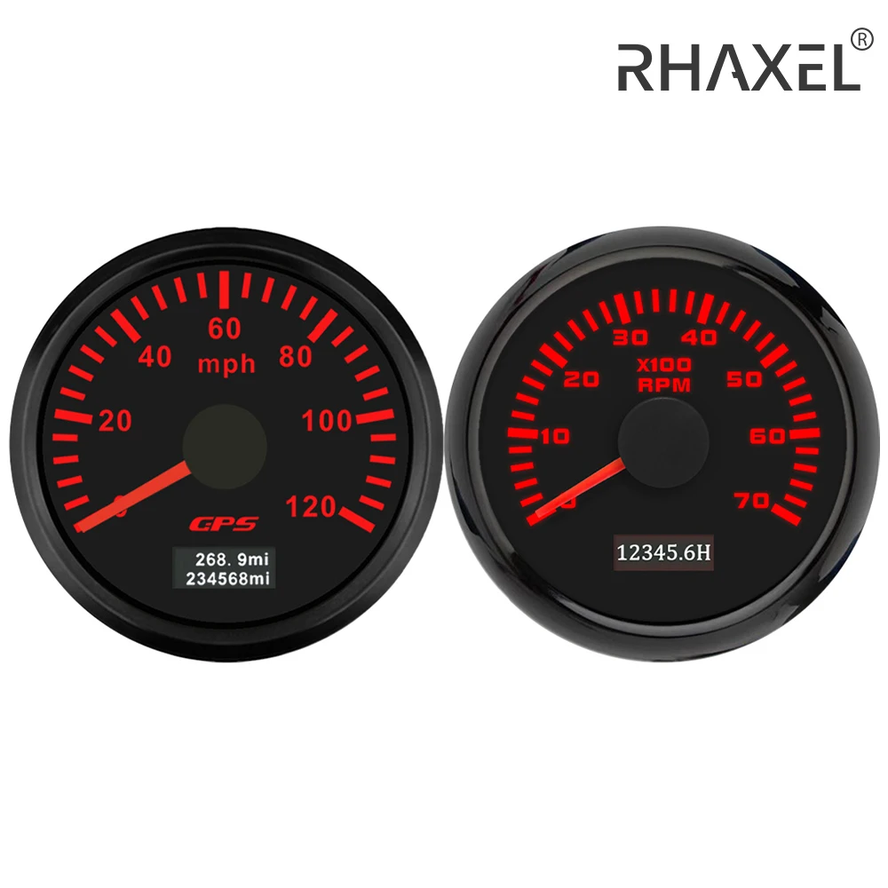 

RHAXEL Gauge Kit 52mm Speedometer GPS 80MPH Odometer Engine Tachometer 6000RPM 12V 24V with Backlight for Truck RV VAN Vessels