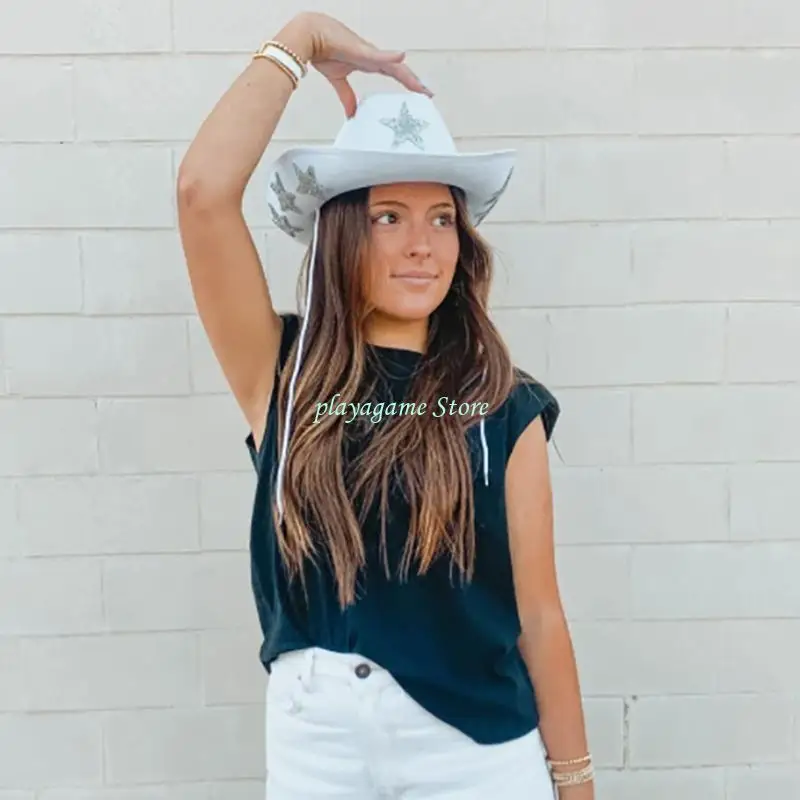 Y88A Sunproof لحجر الراين نجمة فيدورا قبعة قبعة رعاة البقر مع حافة لفة الجاز الغربي H