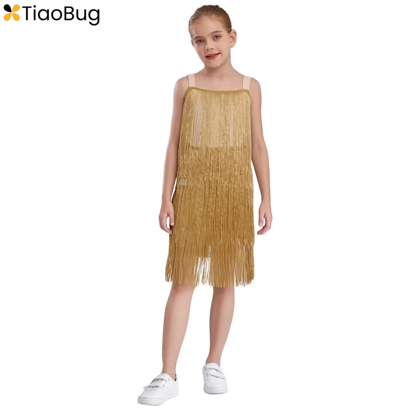

Kids Girls Shimmering Fringe Latin Jazz Dance Dress Sleeveless Wide Shoulder Straps Tiered Tassel Dresses for Stage Performance