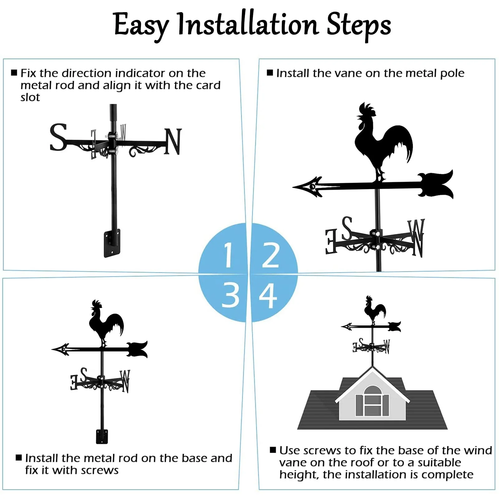 Rooster Weather Vane - Retro Cockerel Weathervane Silhouette - Decorative Wind Direction Indicator for Outdoor Yard Farm