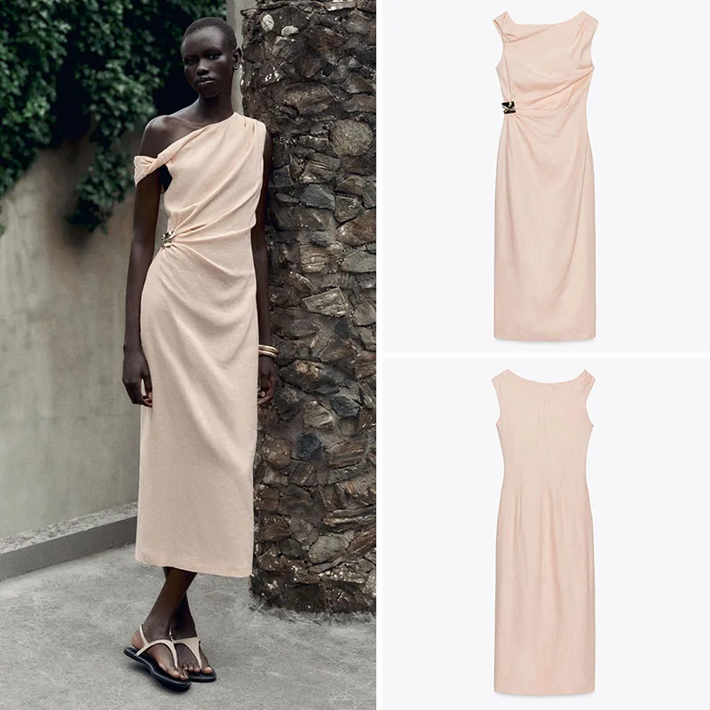 

New Summer Women's Asymmetric Midi Dress Ornamented 2025 Seasonal Fashionable Stage Costume for Young Ladies Age 18-25
