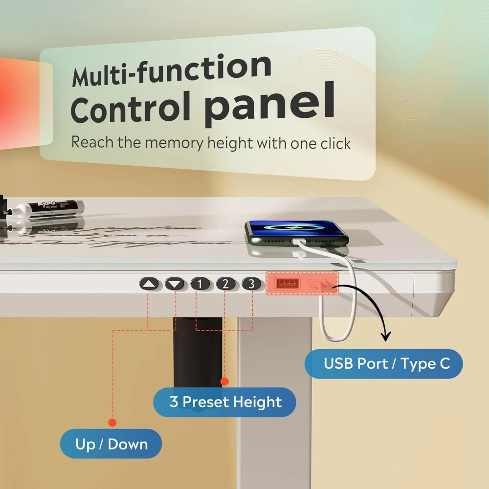 مكتب قائم كهربائي بارتفاع قابل للتعديل مع أدراج، سطح زجاجي كامل القطعة مقاس 48 بوصة، تجميع سريع، أبيض #5