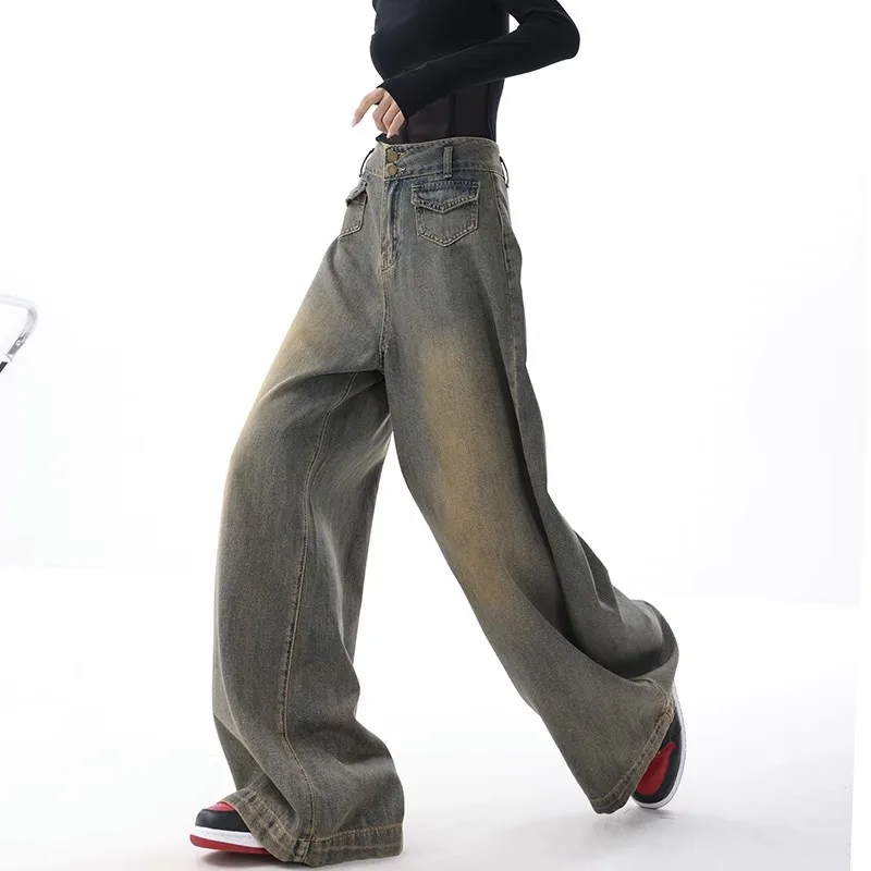 

WCFCX STUDIO American Style Washed And Worn-out Wide Leg Jeans High Waisted Vintage Street Design Loose Pants