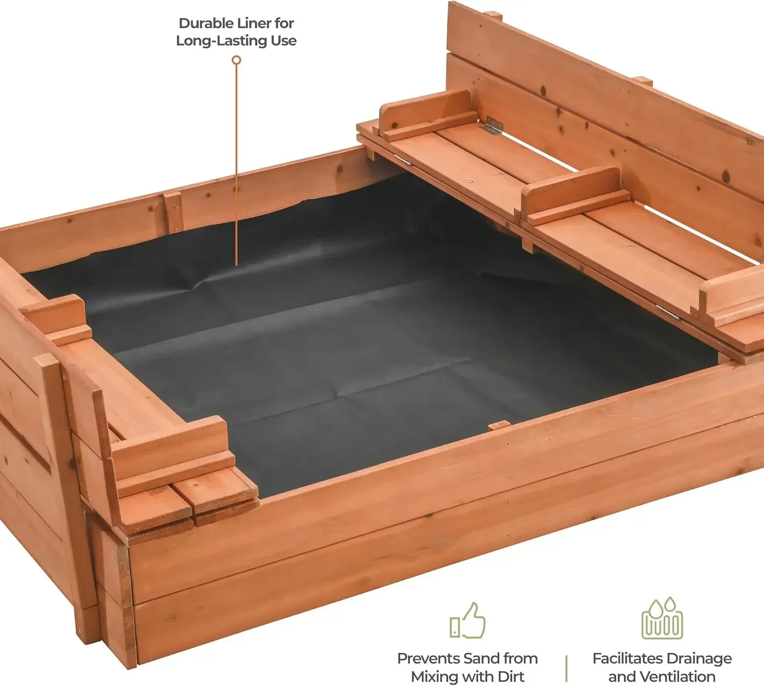 صندوق رمل خشبي كبير للأطفال مع غطاء - صندوق رمل خارجي للأطفال مع غطاء حماية من الرمال ومقاعد قابلة للطي وبطانة سفلية #2