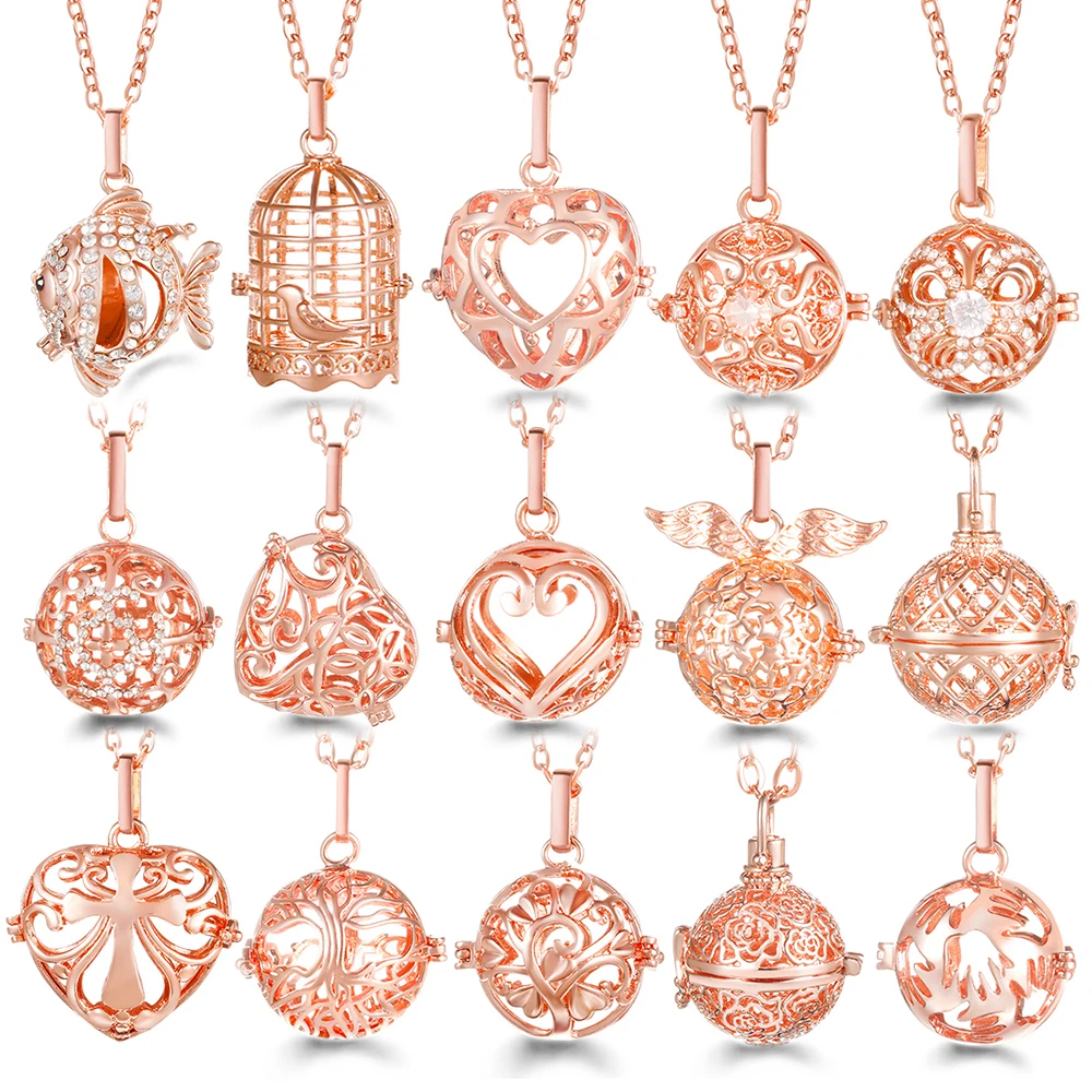 Collar de llamador de bola musical con carillón de México, alas de Ángel doradas rosas, jaula difusora de aromaterapia, colgante exquisito para mujer, regalo de joyería