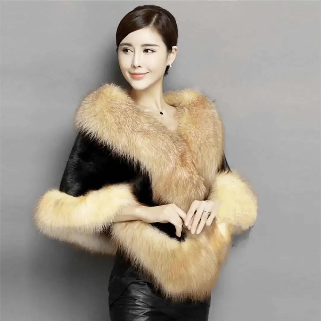 Women\'s Faux Fur Cape Jacket Winter Warm White / Black  Burgundy Large  Collar Short Section Young Lady 2024 New E100