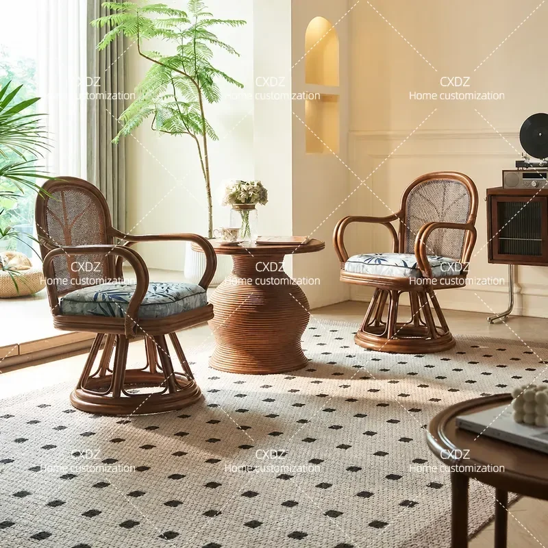 Retro Natural Indonesian Rattan Chair Rotatable Armrest Backrest Living Room Balcony Table and Chairs Three Piece Set