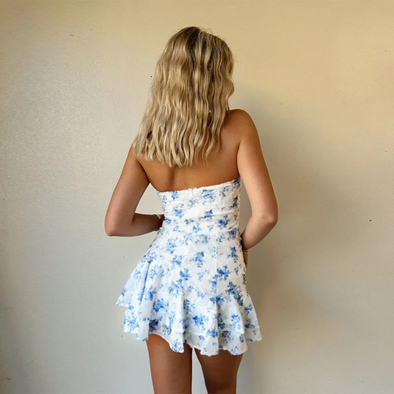 Elegant Blue Floral Print Strapless Short Dress Sexy Off Shoulder Casual Curvy Dresses Backless Holiday Vacation Spring 2025 New