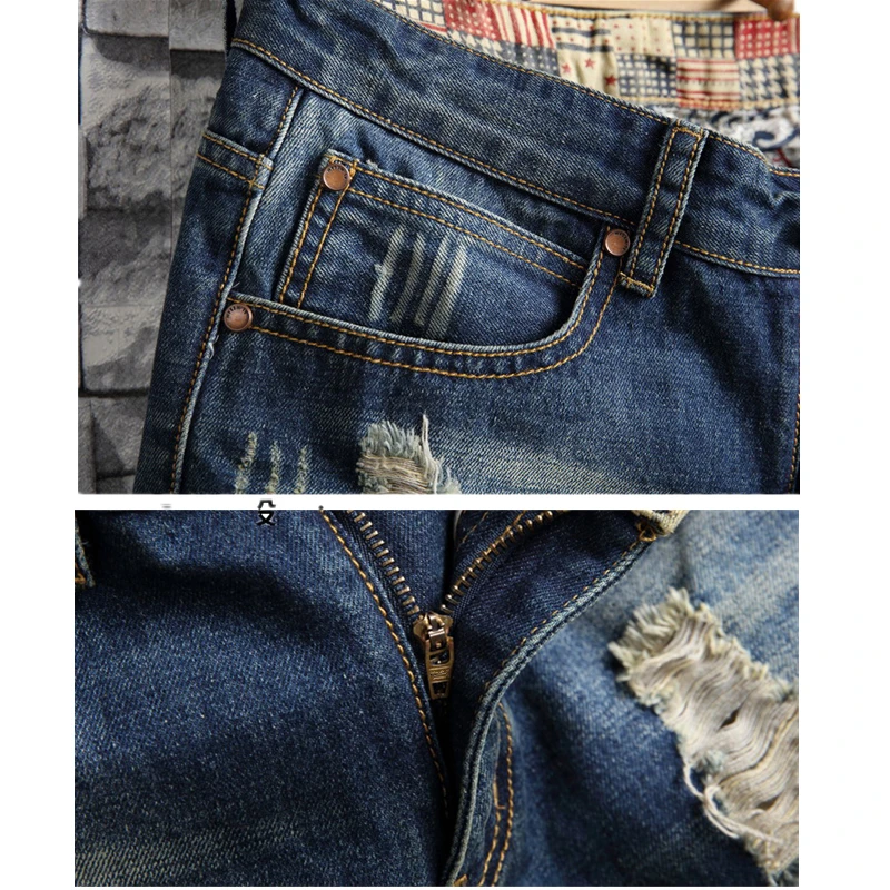 2024 Summer New Blue Men Vintage Ripped Short Jeans Streetwear Hole Slim Denim Shorts Male Brand Clothes Big Size 28-36 38 40