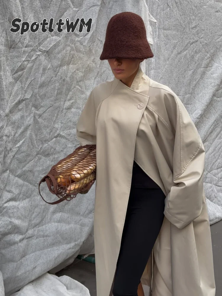 Women Solid Stand Collar Long Trench Jacket Oversized Loose Drop‑shoulder Casual Windbreaker Autumn Daily Commuter Outerwear