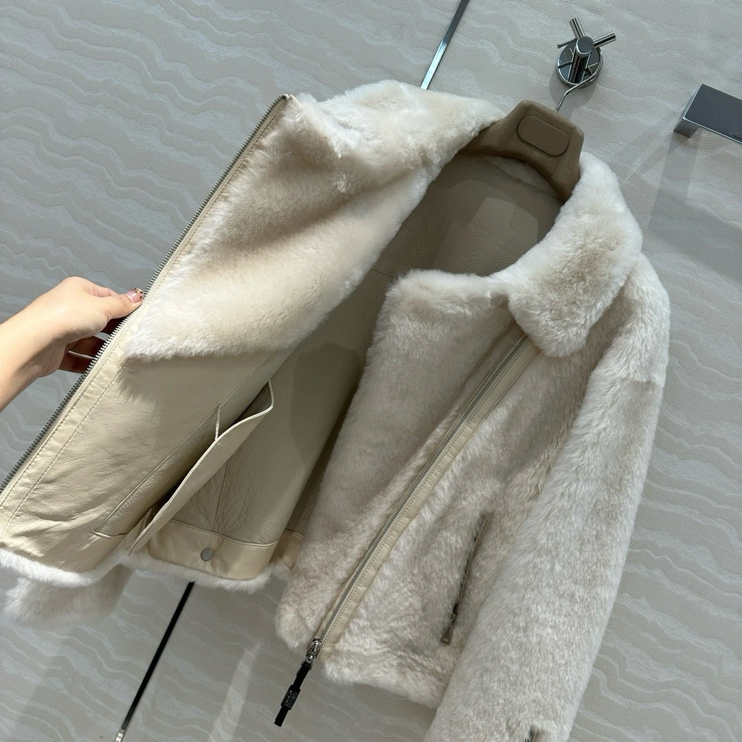 Casual effen shearling jas met ritssluiting