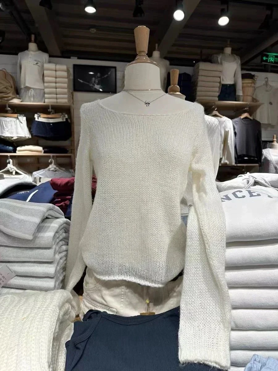 Cotton Hollow Out Beige Knitted Long Sleeve T-Shirt Sweetwear Vintage Scoop Neck Thin Smock Summer Woman Casual Tee Shirt Tops