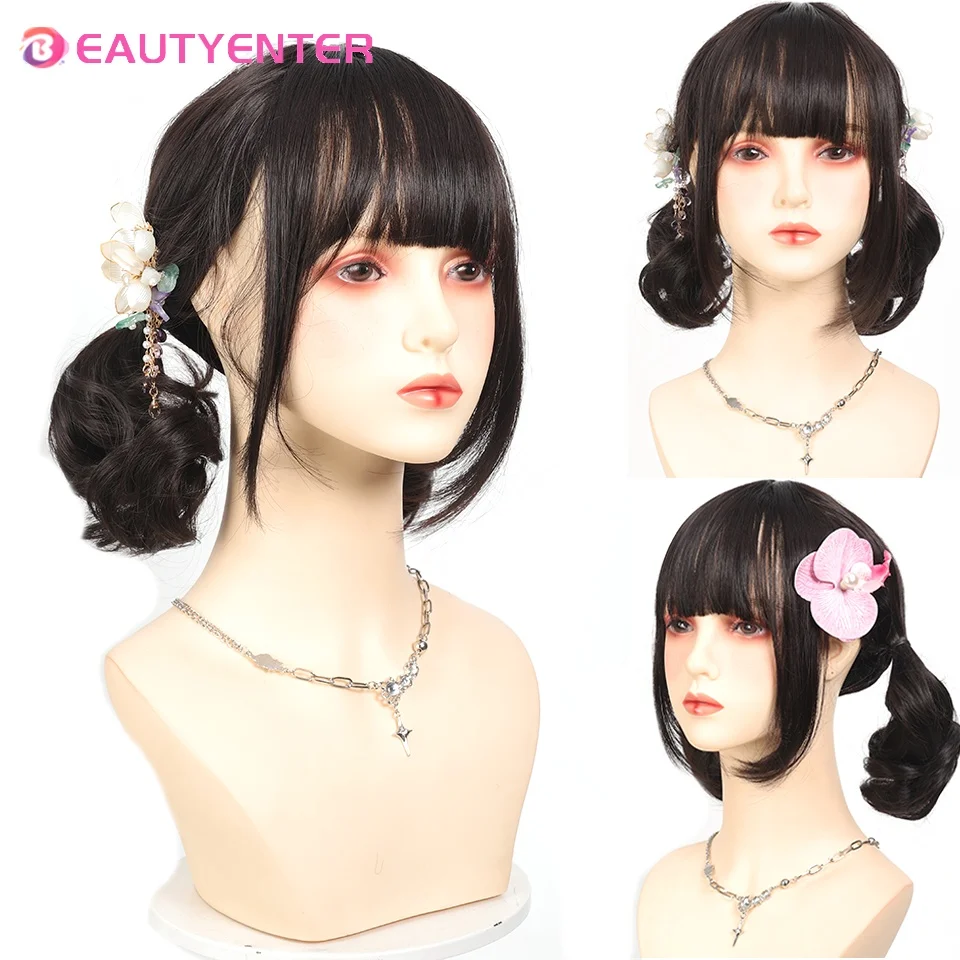 

BeautyEnter Synthetic Wig Female Short Curly Lolita Cute Double Ponytail Roman Curly Trim Face JK Full Head Covering