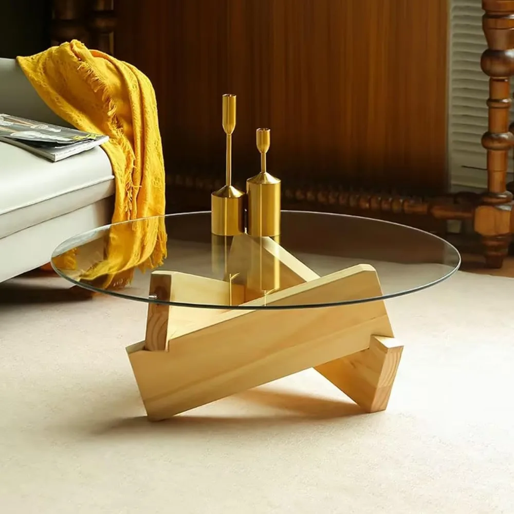 Mesa de centro redonda para sala de estar, mesa de centro moderna de vidrio con patas de madera maciza, Centro de granja de mediados de siglo