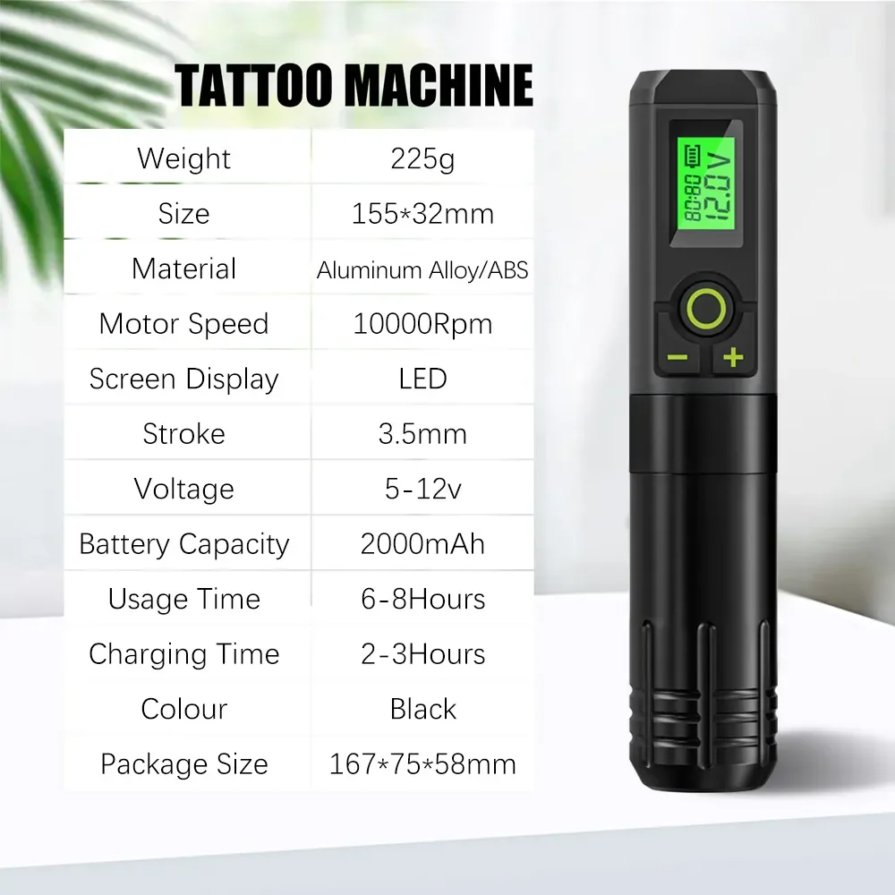 Wireless Tattoo Pen Machine Rotary Tattoo Gun Powerful Motor, 2000mAh Battery for Run Long Time, 3.5mm Stroke Length