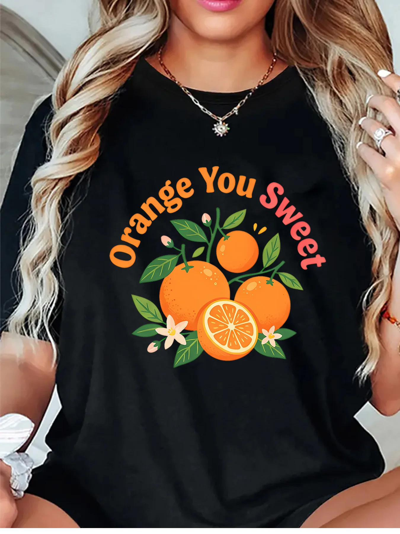 Orange You Sweet Fresh Citrus Blossom Graphic Womens T Shirt Short Sleeve Crew Neck Cute Fruit Casual Daily Ladies Tee Tops