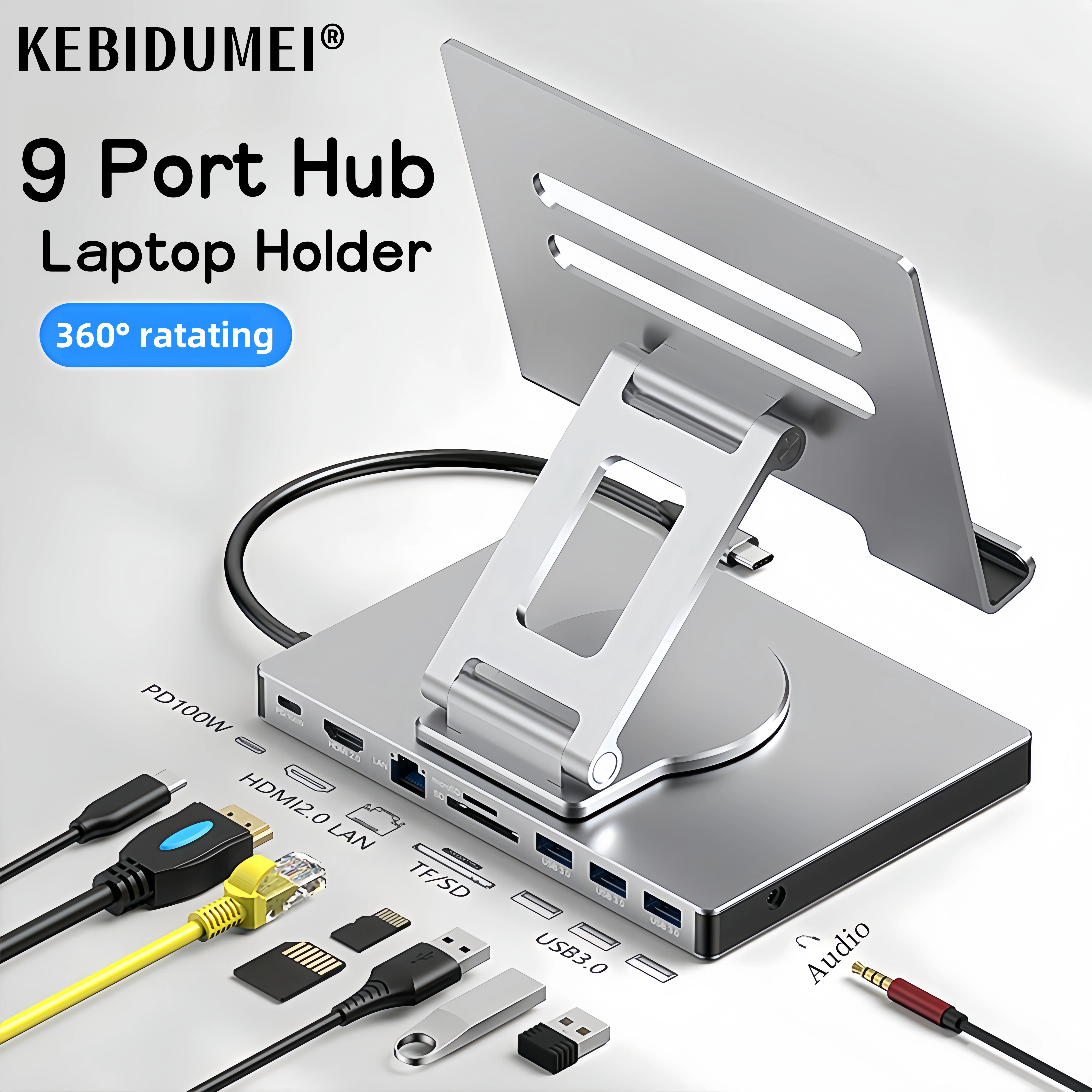 

4K 60Hz Type C Docking Station Aluminum Alloy Laptop Stand USB3.0 PD RJ45 HDMI USB Hub 9 in 1 Adapter Dock for Laptop Tablet