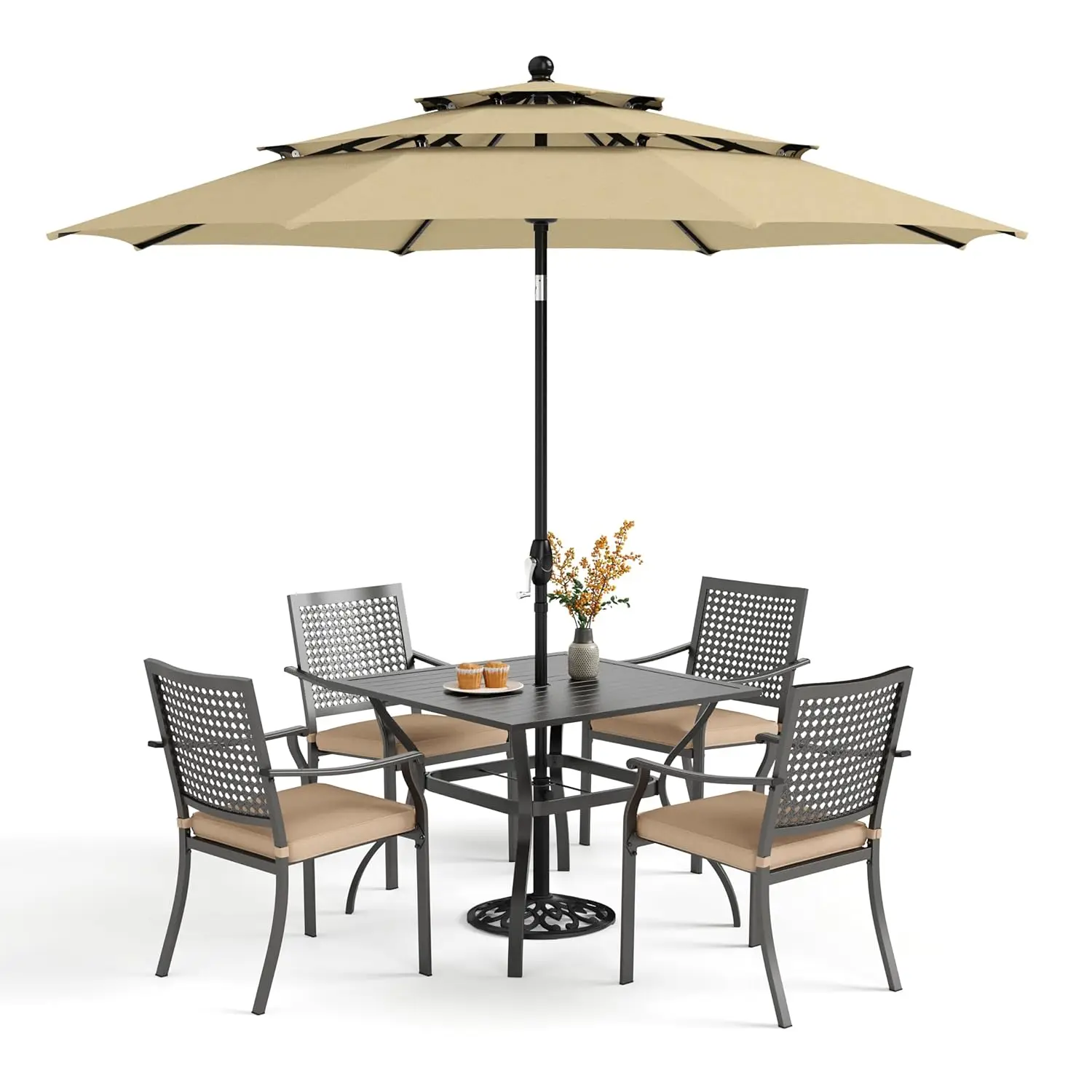 

Комплект для уличной обеденной зоны из 5 предметов на 4 персоны с 10-футовым зонтом, 37-дюймовым металлическим квадратным столом и складными коваными стульями, на заказ