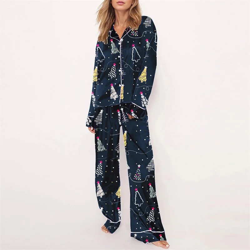 Hirigin Weihnachts-Pyjama-Sets für Damen, 2-teilig, Loungewear, Langarmshirts mit Schleife/Weihnachtsmann/Baum-Aufdruck, Oberteile und Hosen, Nachtwäsche-Outfits