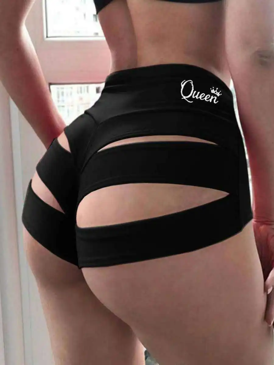 Sexy High Waist Elastic Hollow out Letter Print Dance Yoga Sports Shorts Women's Hot Pants Breathable Comfortable Stretchy