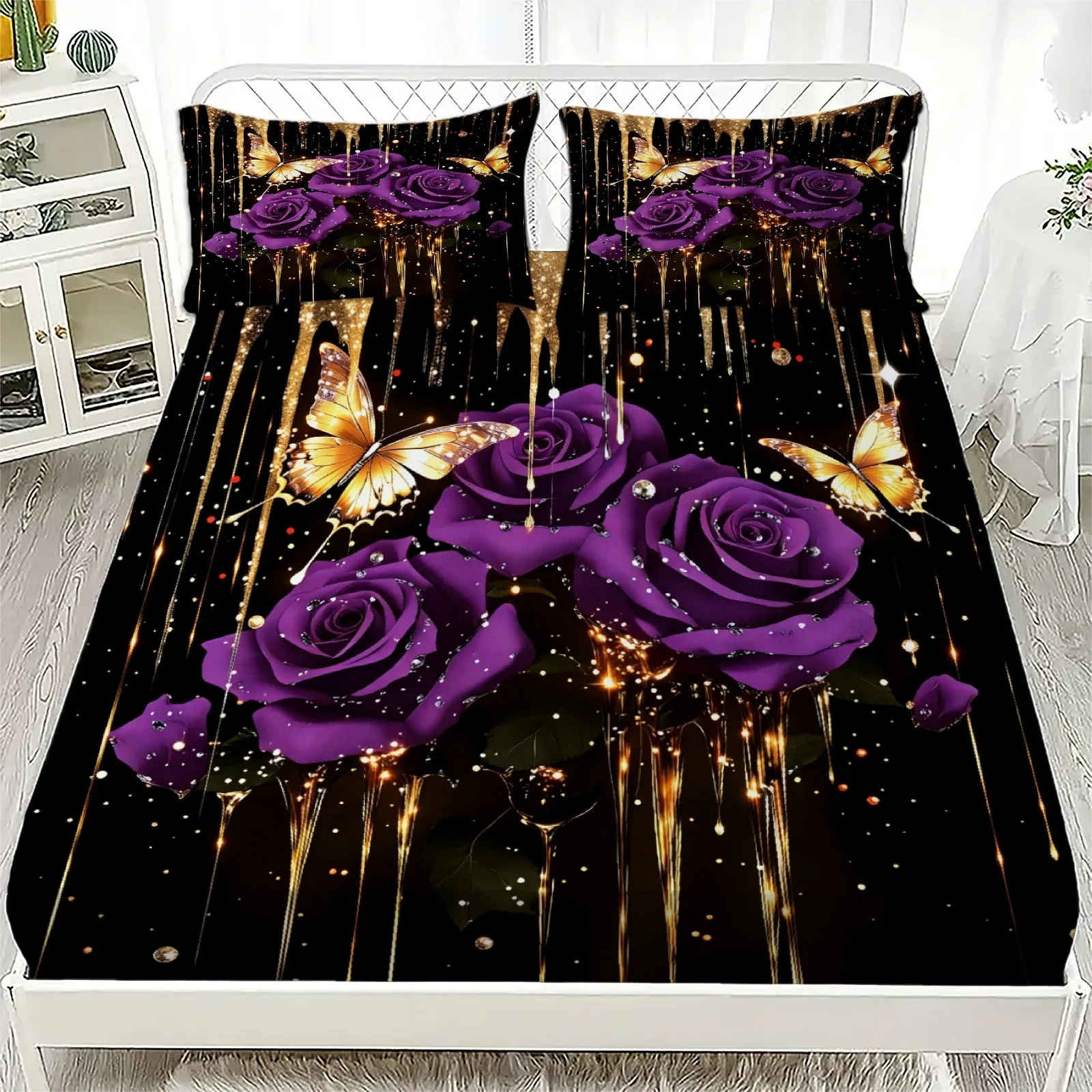

Purple Rose And Butterfly Print Fitted Sheet Set Black With Gold Accents Bedding Set With Pillowcases For Bedroom Decor