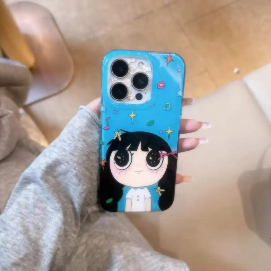 Cartoon Star Big Eyed Girl Phone Case for Samsung Galaxy S26 S25 S24 S23 S22 S21 FE Ultra Plus 4G 5G Feather Texture Back Cover