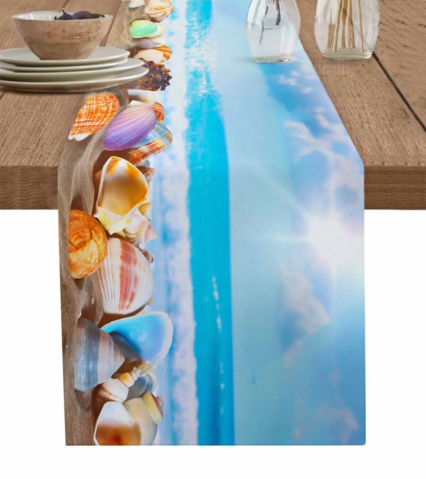 Summer Ocean Shell Conch Starfish Table Runner Home Wedding Table Mat Centerpieces Decoration Dining Long Tablecloth