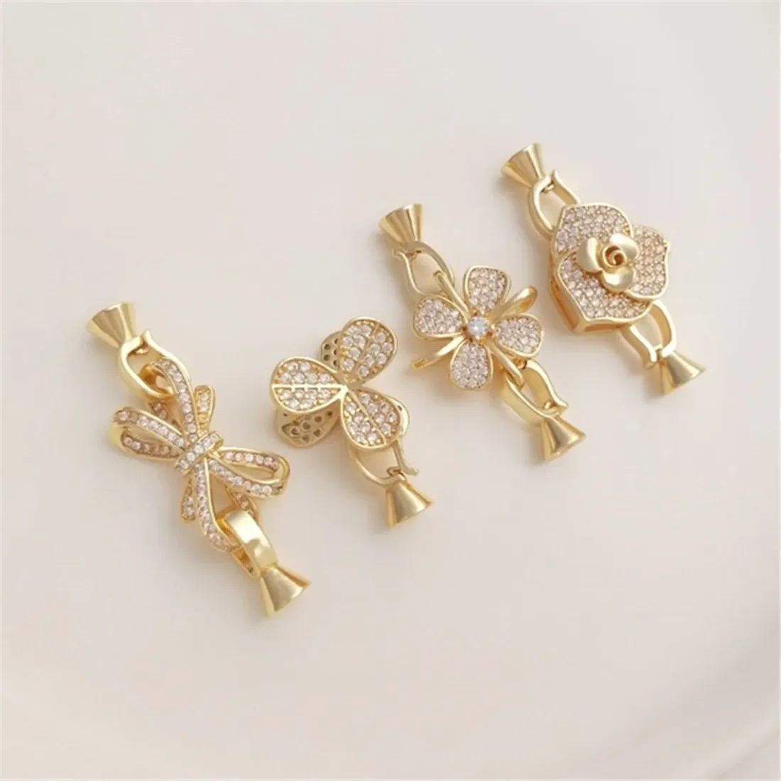 

14K Gold Package with Micro Inlaid Zircon Rose Shaped Bow Pearl Necklace Buckle Connection Buckle DIY Jewelry Buckle B966