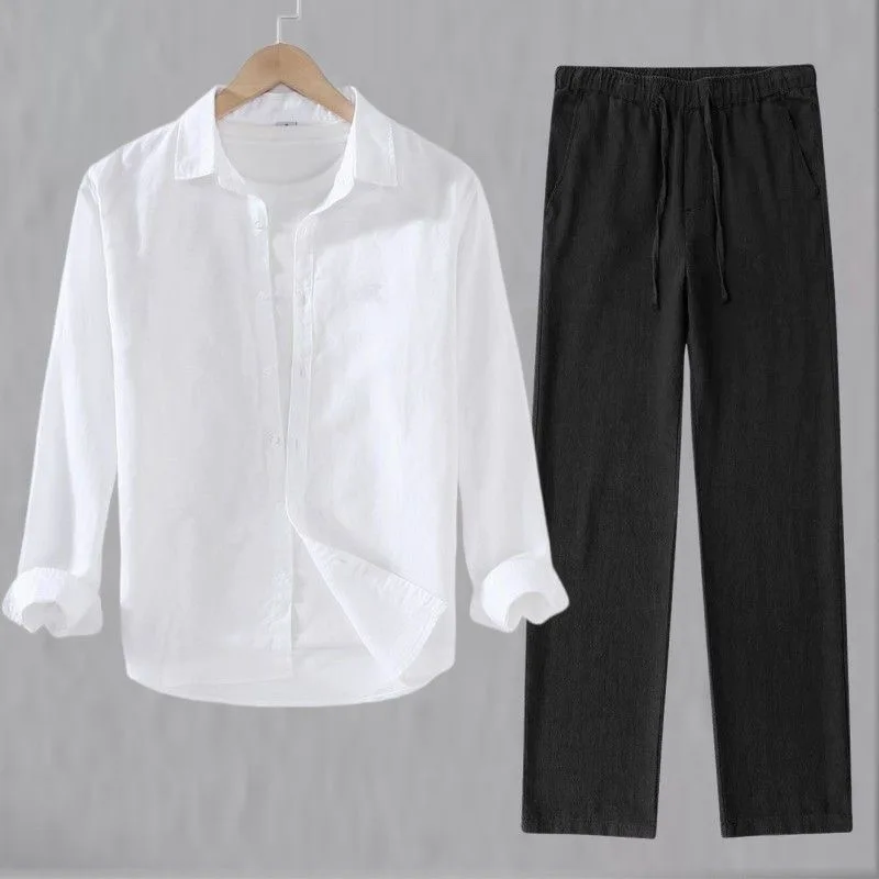 Men's Cotton Linen Workwear Shirt Set Thin Breathable Slim Fit Sun Protection Long Sleeve White Casual Long Pants Two Piece Set
