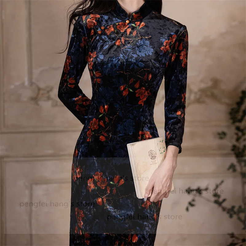 

New Chinese Style Dress Women Elegant Qipao Dress Long Hanfu Costume Dress Autumn Velour Print Chesongam Improved Qipao Gown