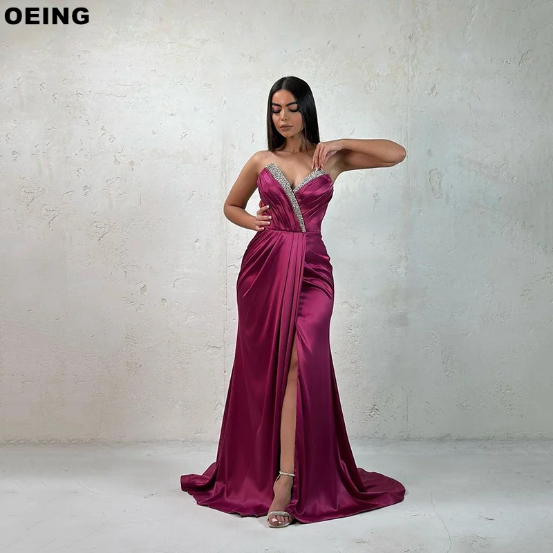 

OEING Burgundy Mermaid Prom Dresses Crystal V-Neck Strapless Side Split Evening Dress Special Occasion Gowns Vestidos De Fiesta