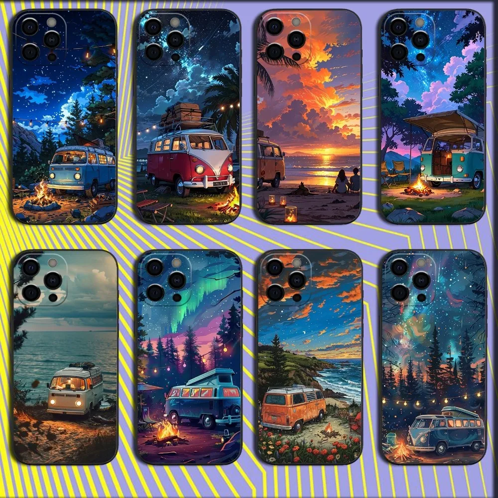 Combi Van Car Outdoor Camping Phone Case For iPhone 16,15,14,13,12,11,Pro,X,XS,Max,XR,Plus,Mini Soft Black Cover