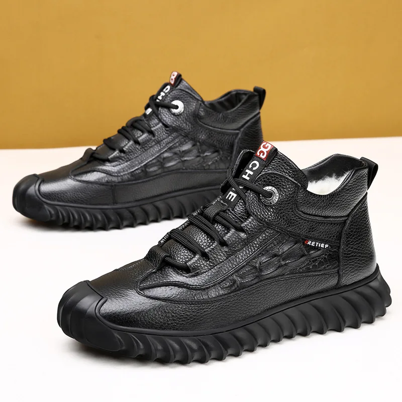 Zapatos cálidos de invierno para hombre, botines de cuero con plataforma para hombre, novedad de moda, zapatos de trabajo informales concisos, botas de hombre de alta calidad