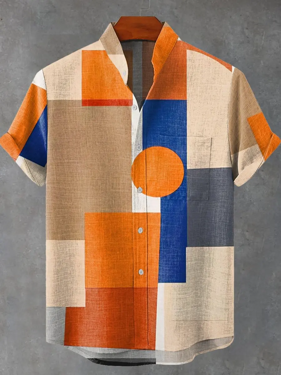 2025 men's hot selling summer elegant art retro printed short sleeved shirt comfortable linen fabric casual button top