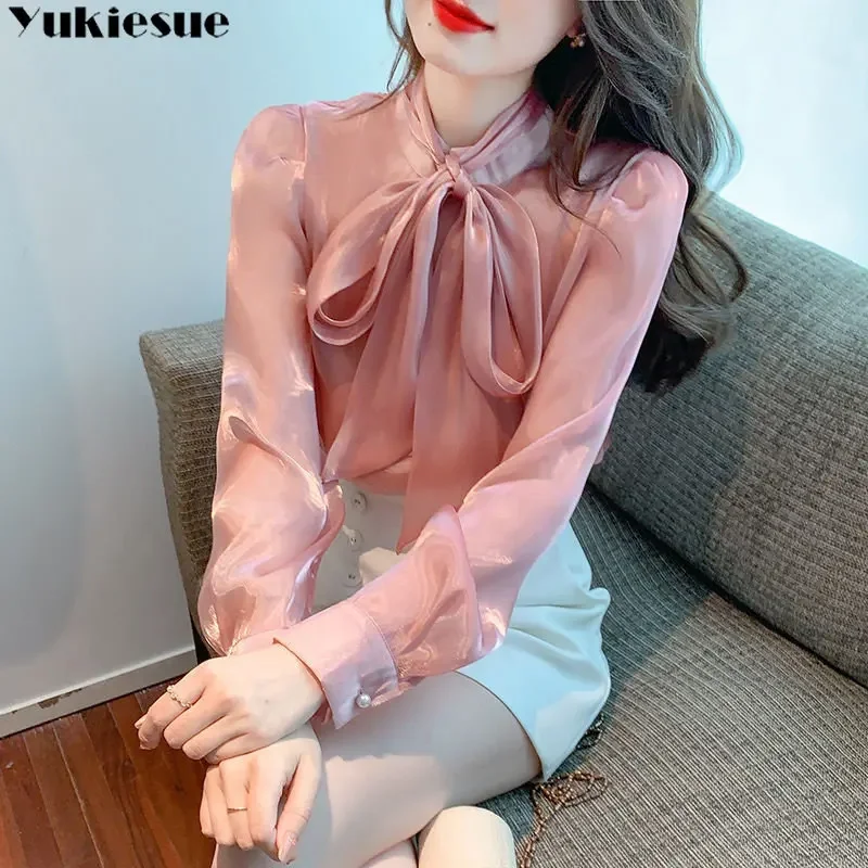 

New Spring Summer Korean Fashion Elegant V-Neck Chiffon Lace Up Bow Shirt Women's Satin Silk Tops Office Advanced Sense