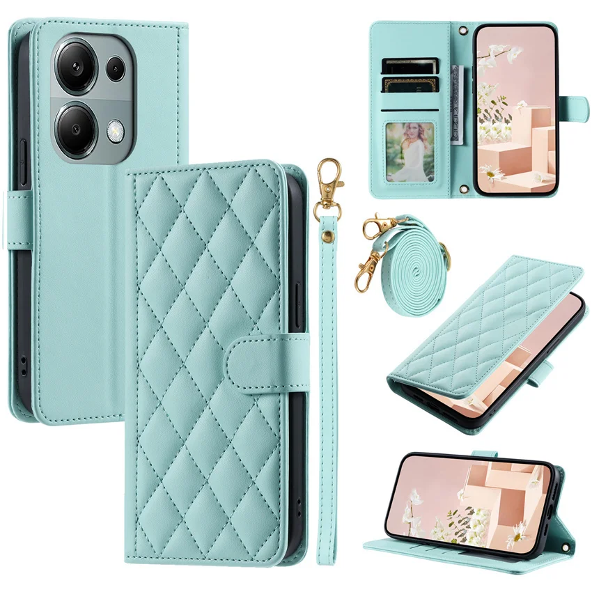 Custodia in pelle con tracolla con cordino a tracolla per Xiaomi Mi 14 Redmi Note 12 12S 13 Pro Plus 13C 12C 4G 5G Copertina del libro di carte