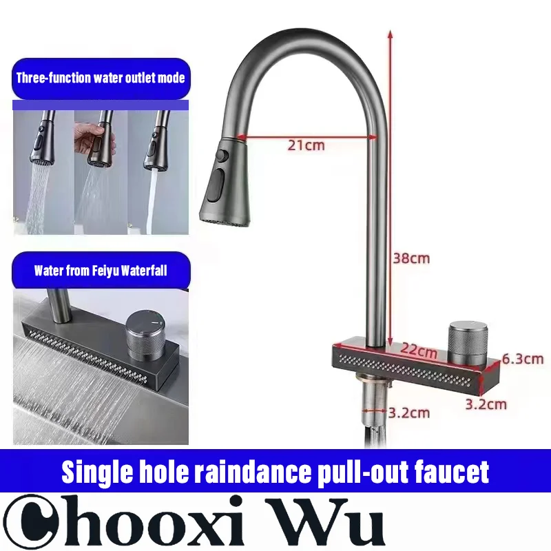 

CHOOXIWU-Multifunctional single hole fly rain pull kitchen faucet, three-mode water outlet, hot and cold dual control