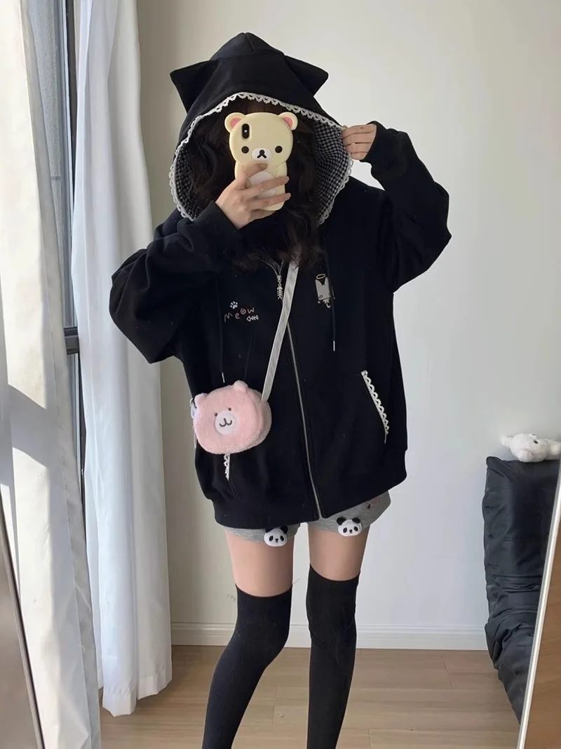 Autumn Solid Color Zipper Cardigan Cute Cat Embroidered Hooded Thin Sweater Jacket Women