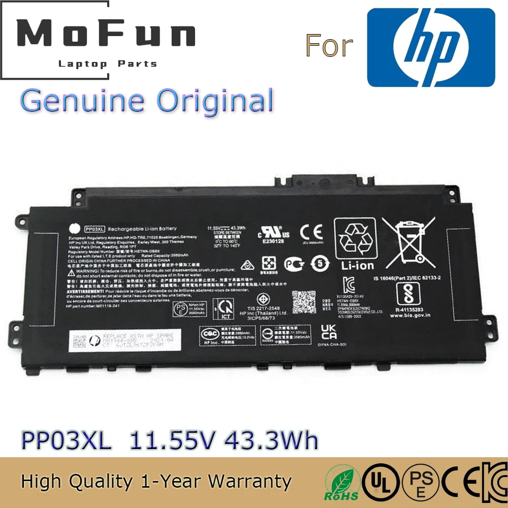 Brand New Original PP03XL 11.55V 43.3Wh Laptop Battery for HP Pavilion 13-BB 14-DV 14-DK 15-EH 14M-DW HSTNN-LB8S