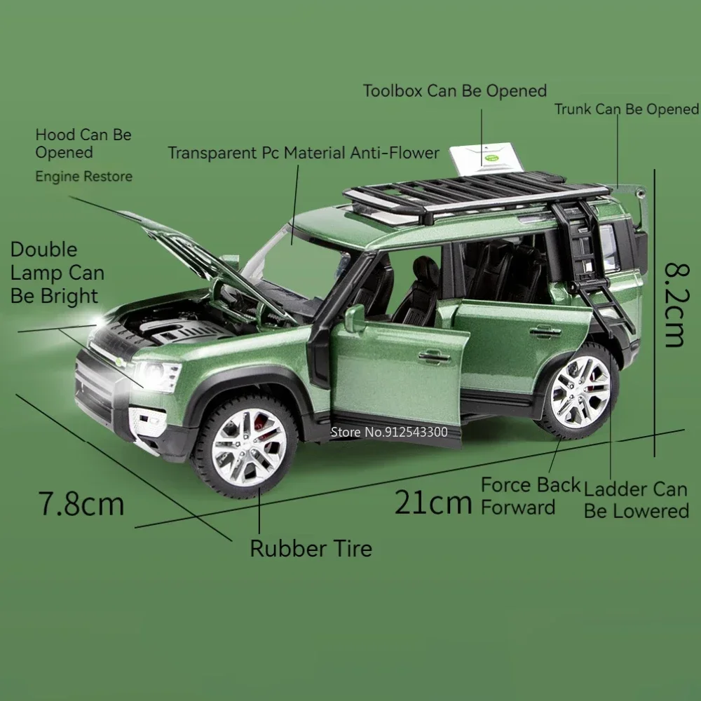 Land Rover Defender Model Car Toy para Crianças, Diecast, Veículo Off-Road, SUV, Simulação de Liga, Som e Luz, Brinquedos como Presentes, Escala 1:24