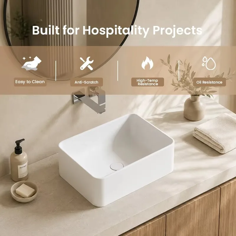 Artificial Stone Matte White Counter-top Bathroom Sink, Solid Surface Above Counter Wash Basin for Commercial & Residential Use