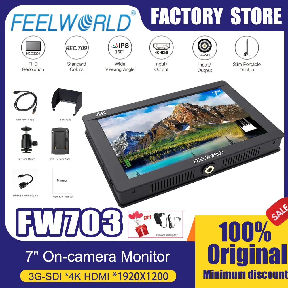 شاشة FEELWORLD مقاس 7 بوصات على الكاميرا FW703 3G-SDI 4K HDMI IPS Full HD 1920x1200 مع تاريخ كاميرا المثبت