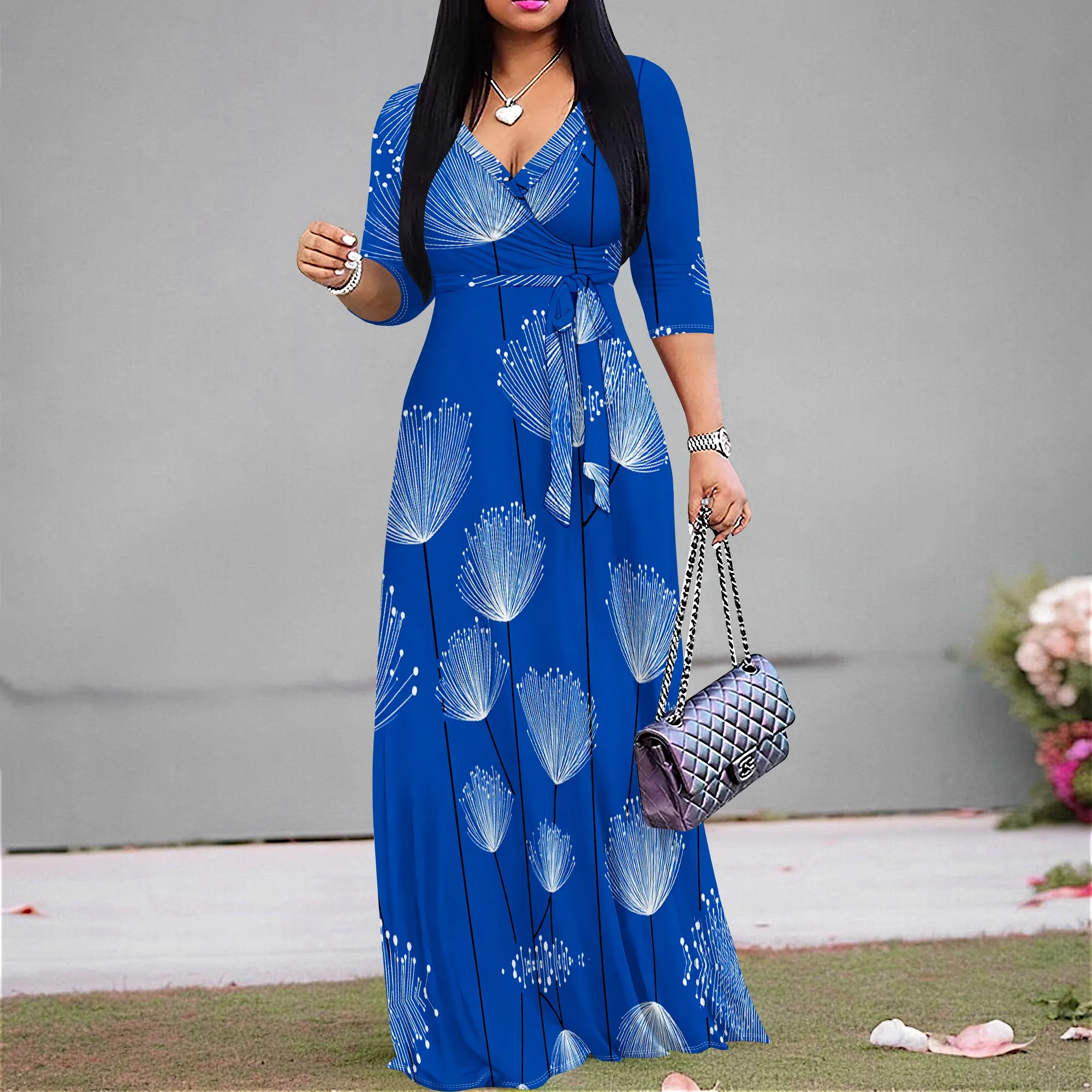 

Women's V-Neck Wrap Maxi Dress Royal Blue White Dandelion Floral Print Spring Summer Casual Beach Vacation Plus Size S-3XL.