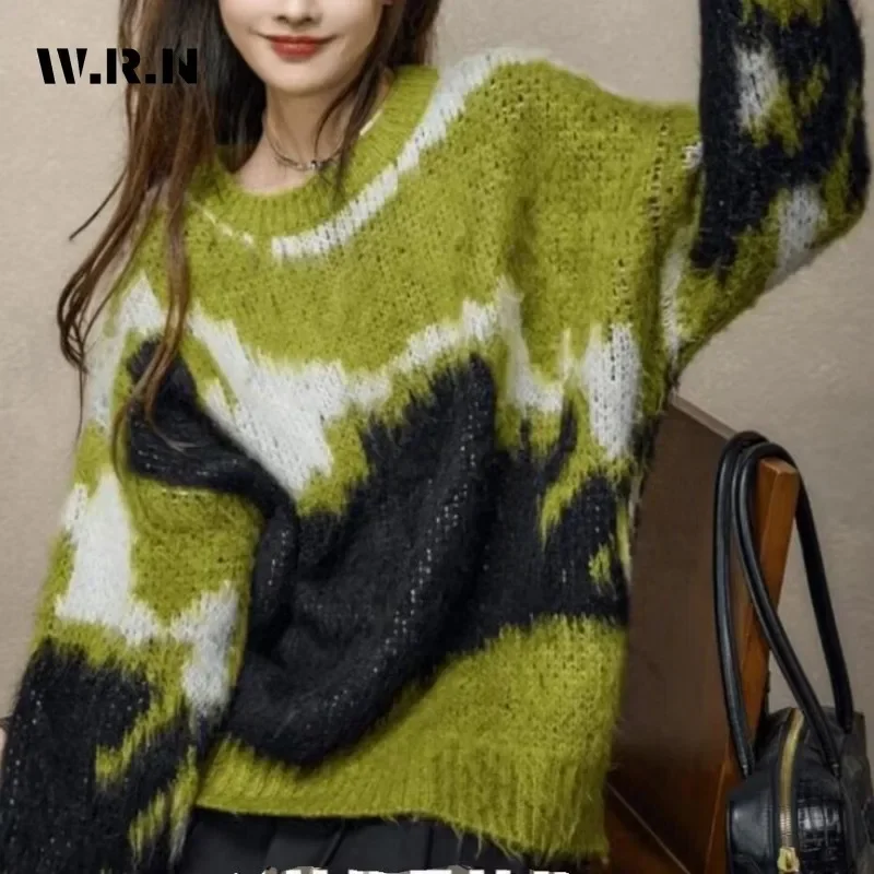 Korean Fashion Casual Y2K Knitting Long Sleeve Patchwork Pullovers 2025 Winter Women Chic Loose Fit Grunge Warm Sweater Top