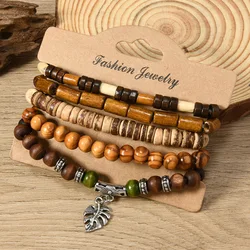 Fashion Ethnic Vintage Beaded Bracelets For Men Nature Stone Leaves Wooden Beads Bracelets Gifts For Friend